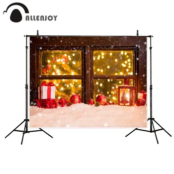 Allenjoy fotografie pozadí Vianočné drevené okenné Snehu v zime dary svetla červené gule pozadie Fotografie pozadí štúdio