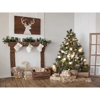 Allenjoy Vianočné pozadie Vianočný stromček, darčeky krb elk drevenej podlahe v pozadí na foto photocall k photo studio