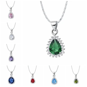 Almei Kvapka Vody Zelená, Ružová, Modrý Kameň Náhrdelník Ženy Móda Crystal Prívesky s voľným Reťazca, Strieborná Farba Kolye Šperky N1206