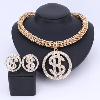 AMERICKÝ Dolár Peniaze Náhrdelník Prívesok, Náramok, Náušnice Krúžok Šperky Nastaví Farbu Zlata Reťazca Pre Ženy Drahokamu Strany Bling Šperky