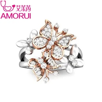 AMORUI Roztomilé ružové Zlato Butterfly Silver Ring Šperky, Strieborné CZ Narodeniny Kameň Snubné Prstene pre Ženy Strany Darček Dropshipping
