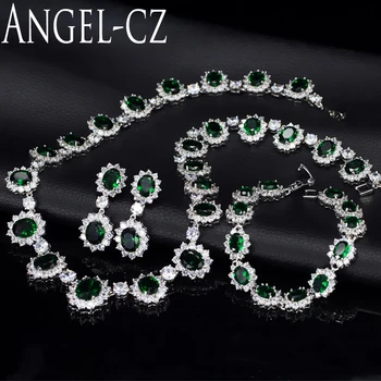 ANGELCZ Vintage Africká Strana Zirkón Šperky Sady Nigérijský Elegantné Zelené Kamene Náramok, Náušnice A Náhrdelník Pre Ženy AJ046