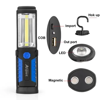 ANJOET Prenosné COB LED Svietidlo Pracovné Svetlo Nabíjateľná 360 stupeň Stojan Visí Pochodeň Lampa + vstavaná batéria + USB Nabíjanie