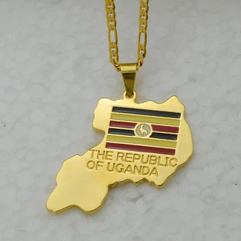Anniyo Republika, Uganda Mapu Náhrdelník Prívesok Zlatej Farby, Šperky, Uganda National Flag #003210