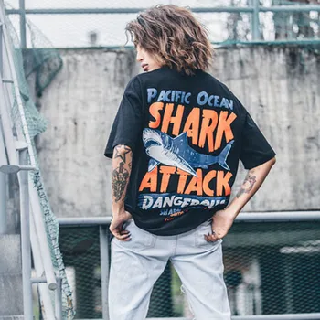 Aolamegs T-shirt Mužov Nebezpečné Veľký Žralok Vytlačené Krátke Sleeve Tee tričko Fashion Street Hip Hop Tvorivé Vrcholy Páry, T košele