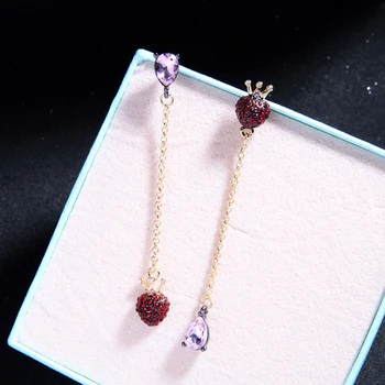 Asymetrický Osobné Náušnice Kórea Módne Fialové Waterdrop Red Crystal Srdce Prívesok, Náušnice, Šperky