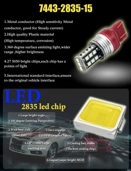 AutoEC 2x 7443 T20 15 LED 2835 SMD W21/5W auto zadné svetlo stop žiarovky auto brzdové svetlá, zadné hmlové svetlá červená biela žltá #LD24