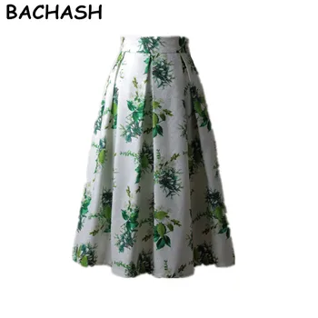 BACHASH Kvetinový Tlačiť Kolená-Dĺžka Sukne Módne 2017 Zelená Biela Vintage plesové Šaty, Skladaný Vysoký Pás Midi Sukne Dámske Príčinné