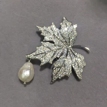 Barokový prírodné sladkovodné perly brošňa kolíky medi s kubický zirkón javorový list brošňa kolíky office kariéru módnej ženy jewel
