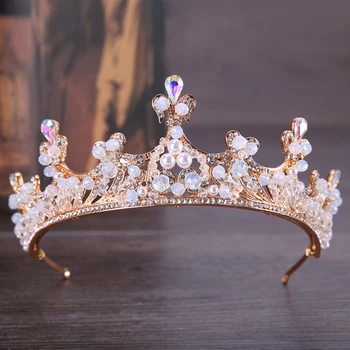 Barokový Vintage Gold Crystal Drahokamu Svadobné Tiara Čelenky Pearl Koruny Diadem Pre Princezná Nevesta Hlavu Kus Vlasy Príslušenstvo
