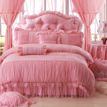 Bavlna Žakárové Biela Ružová Čipka Princezná posteľná bielizeň sady Plné Kráľovná King size Luxusné Svadobné Perinu nastaviť Posteľ sukne obliečka na Vankúš