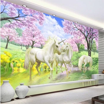 Beibehang Vlastné 3D nástennú maľbu, Tapety Jednorožec Sen Cherry Blossom TV Pozadí obrazov na Stenu Pre Deti Izba Spálňa Tapety
