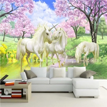 Beibehang Vlastné 3D nástennú maľbu, Tapety Jednorožec Sen Cherry Blossom TV Pozadí obrazov na Stenu Pre Deti Izba Spálňa Tapety