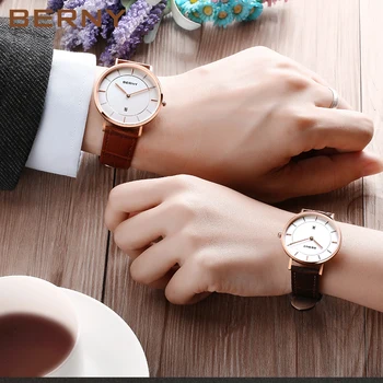 BERNY Jednoduché Hodinky, Ultra Tenké krásne Hodinky Vysoko Kvalitný Kožený opasok pár hodinky pre Milovníkov DW2793