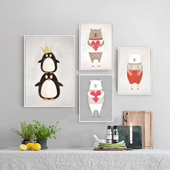 Bez rámu Modernej Karikatúry Plátno Art Print Maľovanie pre Deti je Spálňa,Ľadový Medveď,Hipo,Roztomilý Tučniak,Medveď Drží Láska