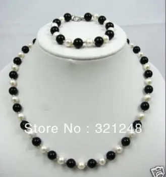 Bezplatný nákup nových DIY 7-8 mm biela perla a onyx náhrdelník & náramok nastaviť GE5176