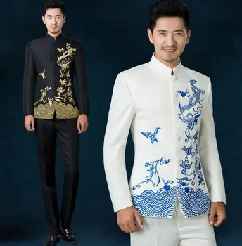 Biela čierna červená modrá 2018 nový príchod vyšívané mužov čínsky tunika vyhovovali nastaviť, pánske obleky, svadobné nevesty formálne šaty, kostým