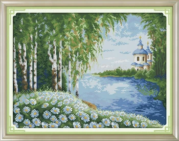 Biele brezy záhrada Scenérie maľovanie,Počítané tlač na plátno DMC 14CT 11CT DMS Cross Stitch Vyšívanie, súpravy na Vyšívanie Sady