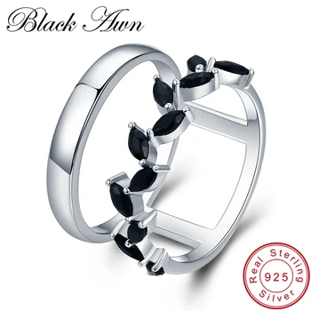[BLACK AWN] Nadsázka 3.7 g 925 Sterling Silver Jemné Šperky Trendy Zapojenie Bague Black Spinelovou Leaf Žien snubný Prsteň G001