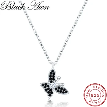 [BLACK AWN] Trendy 2.6 g 925 Sterling Silver Šperky Motýľ Black Spinelovou List dámske Náhrdelníky, Prívesky, P189