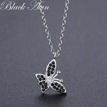 [BLACK AWN] Trendy 2.6 g 925 Sterling Silver Šperky Motýľ Black Spinelovou List dámske Náhrdelníky, Prívesky, P189
