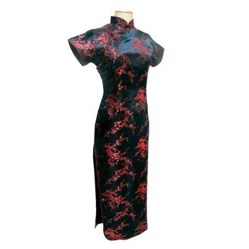 Black Red Čínske Tradičné Šaty Žien Hodvábny Satén Qipao Dlho Cheongsam Kvet Plus veľkosti 4XL 5XL 6XL YQ2089