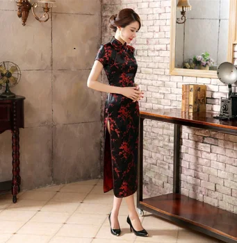 Black Red Čínske Tradičné Šaty Žien Hodvábny Satén Qipao Dlho Cheongsam Kvet Plus veľkosti 4XL 5XL 6XL YQ2089