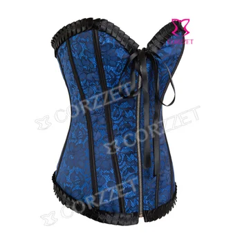 Black Satin Skladaný Výbava Overbust Gotický Korzet Zips Bustier Sexy Ženy Corselet Paródia Modrá Korzety Corpete