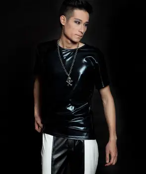 Black Spevák fáze rock faux kožené tričko pu t-shirt mužov oblečenie mens t košele módne 2018 mens bunda Prispôsobiteľné