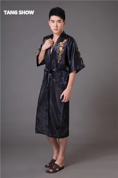 Black Čínskych Mužov Výšivky Dragon Župan Nightgown Hot Predaj Satin Sleepwear Kimono Vaňa Šaty Veľkosť S M L XL XXL XXXL MR011