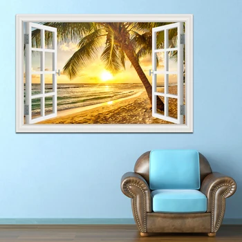 Blue Sky Pláž Coconut Tree Tropic Scenérie 3D Stenové Nálepky západ Slnka Seascape Odstrániteľné Tapety Tvorivé Okna Domova