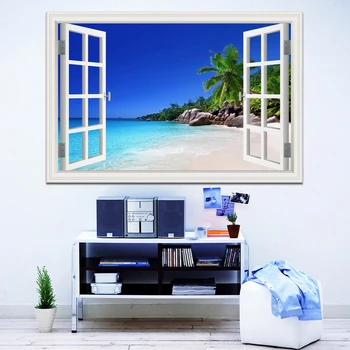Blue Sky Pláž Coconut Tree Tropic Scenérie 3D Stenové Nálepky západ Slnka Seascape Odstrániteľné Tapety Tvorivé Okna Domova