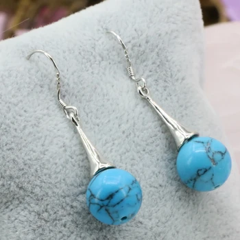 Bohemia štýl modrý kameň žily turquoises calaite turquois 10 mm okrúhle korálky visieť náušnice ženy eardrop elegantné šperky B3247