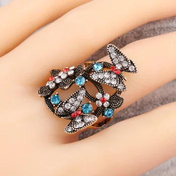 Bohemian Crystal Motýľ Prstene Pre Ženy, Farba Starožitné Zlata Retro Vzhľad Zvierat Ženy 's Šperky