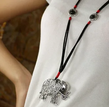 Boho etnických Tibetského striebra, kože slon prívesok dlhý náhrdelník/golier largo/colar comprido collier/bijoux/joyas/atacado