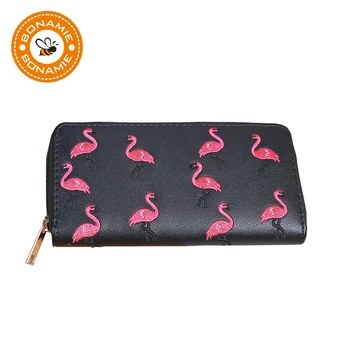BONAMIE Kabelku Ženy Čierne Dlhé Flamingo Peňaženky Dievča Pevné Výšivky Peňaženky Ženskej Kabelke Mince Kreditnej Karty Držiteľ Lady Spojka Taška