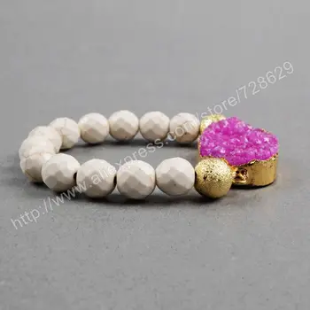 BOROSA 5 ks/veľa Zlatá Farba Hot Pink Crystal Druzy Geode & 10 mm Biela Howlite Modrý Kameň Korálkové Náramky G0336