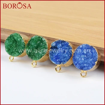 BOROSA Módne Zlatá Farba 12mm, Zelenej a Modrej Farby Kolo Crystal Druzy Ucho Stud Post G1021