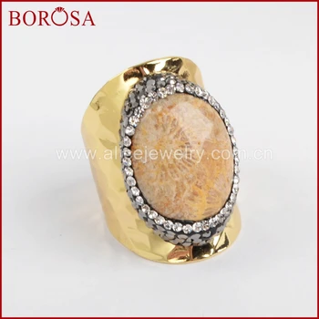 BOROSA veľká kamenná chryzantéma bang krúžok, ručne pripraviť cz okolo prírodného kameňa zlatá farba druzy prstene pre ženy JAB623