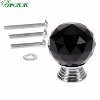 Bowarepro 30 mm Black Diamond Krištáľové Sklo loptu gombík Potiahnite rukoväť bielizníka nábytok hardvér kuchyňa rukoväť Dverí 1pcs+3ks Skrutky
