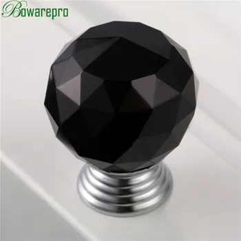 Bowarepro 30 mm Black Diamond Krištáľové Sklo loptu gombík Potiahnite rukoväť bielizníka nábytok hardvér kuchyňa rukoväť Dverí 1pcs+3ks Skrutky