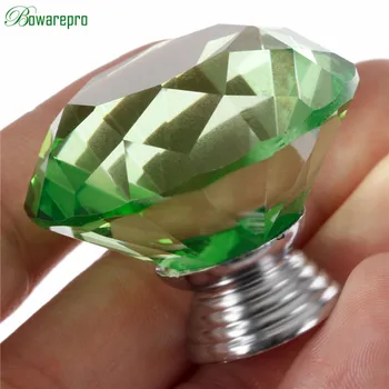 Bowarepro 40 mm Zelený Diamant Krištáľové Sklo gombík hardvéru Potiahnite rukoväť bielizníka skriňa nábytok, kuchynské úchytky 1pcs+3ks Skrutky