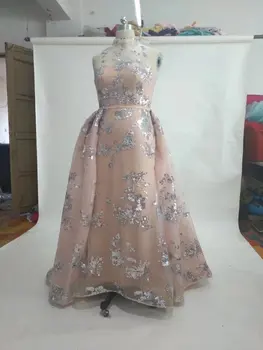 Brilantné shinning ohromujúci striebro sequined kvety A-line bez rukávov ružová blízkom východe svadobné šaty 2017 nové tkaniny vysokej krku