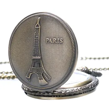 Bronz Vintage Štýlový Fance so suvenírmi, PARÍŽ, Eiffelova Veža Quartz Vreckové Hodinky Mans Womans Náhrdelník Prívesok s Dlhým Reťazcom P06