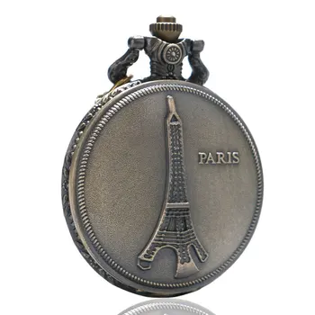 Bronz Vintage Štýlový Fance so suvenírmi, PARÍŽ, Eiffelova Veža Quartz Vreckové Hodinky Mans Womans Náhrdelník Prívesok s Dlhým Reťazcom P06
