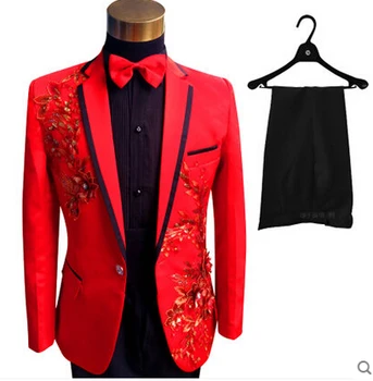 (bunda+nohavice)mužský oblek ženícha svadbu, ples strany paillette červená čierna biela nástroj slim kostýmy, komplety kvet formálne