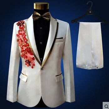 (bunda+nohavice)mužský oblek ženícha svadbu, ples strany paillette červená čierna biela nástroj slim kostýmy, komplety kvet formálne