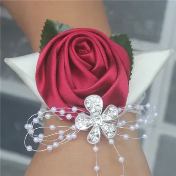 Burgundsko Saténová Ruža Flores Leaf Svadobné Zápästie Kvety Bridesmaid, de Manželstva Perly Crystal Corsages Zápästie Kvety SW0677Y