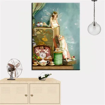 Cartoon Anjeli Kvetinové Víly Abstraktnú olejomaľbu Tlač na Plátne, Plagát na Stenu Obraz pre Dievča, Izba škôlky Vianočný Dekor