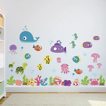 Cartoon zvieratá samolepky na stenu spálne deti izby domova podmorský svet rýb bublina stenu diy plagát pvc nástenné art